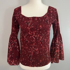 Express Burgundy Floral Smocked Square-Neck Blouse